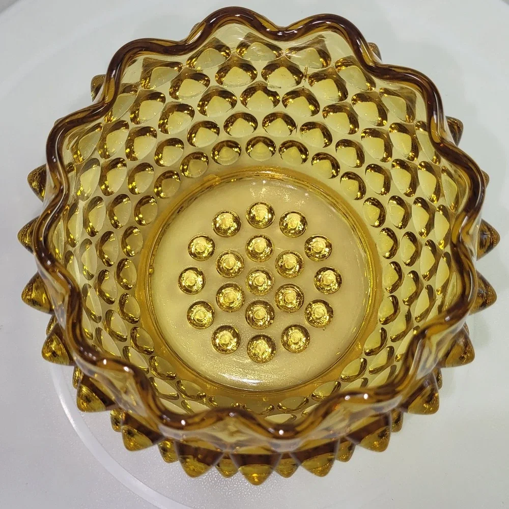 Hobnail Amber Glass Votive Candle Holder Dish Vintage MCM Scalloped‎ Edge